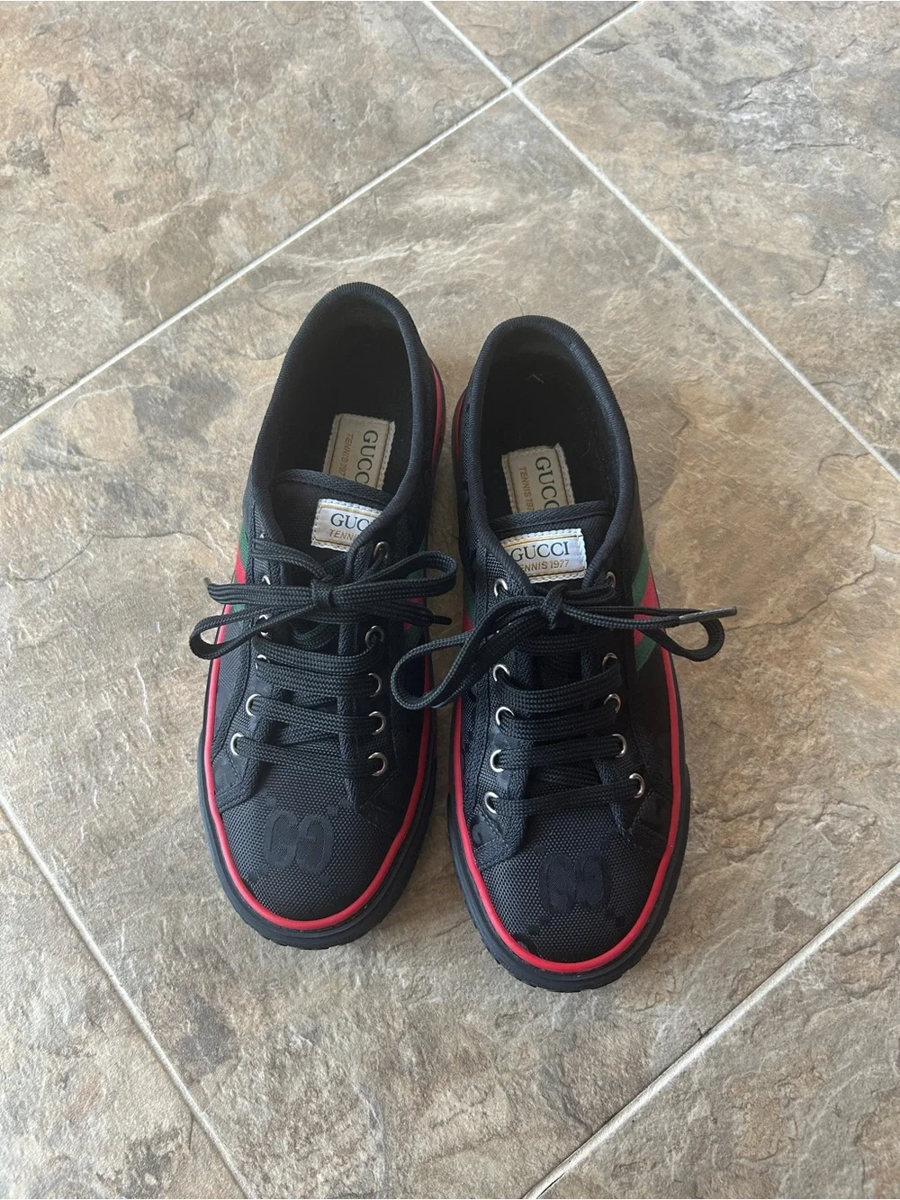 Gucci Black Sneaker with Red & Green Accent Stripes
